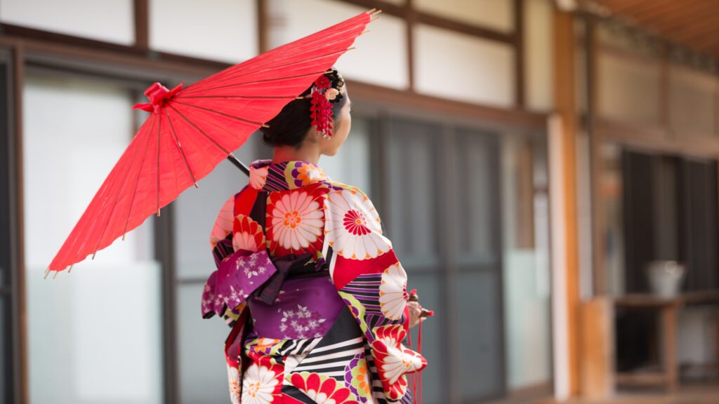 Japanese Girl in Kimono at Hyakumanben Chionji Temple, Kyoto, Japan